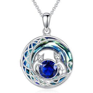 925 Sterling Silver Twin Cat Blue Crystal Pendant Necklace 18+2” NWT